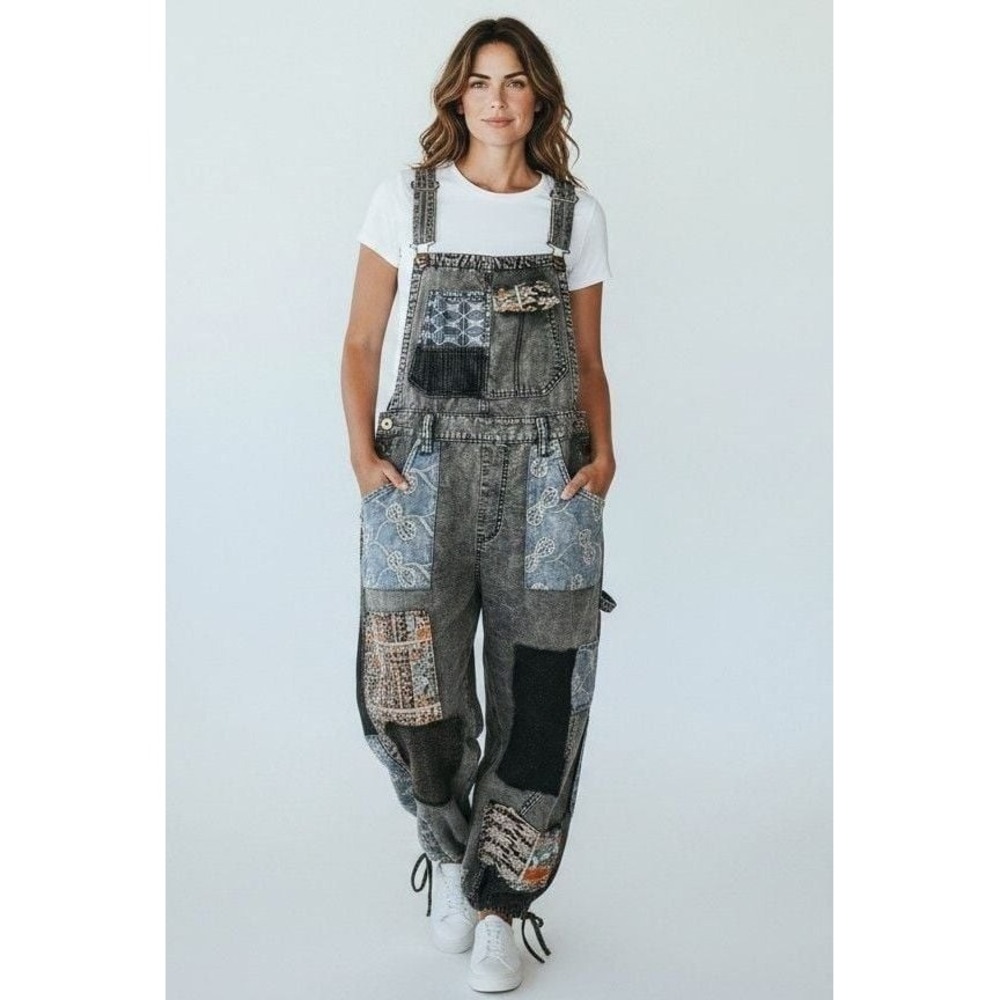 Oli & Hali Black Washed Multi Patchwork Denim Overalls Joggers Size S